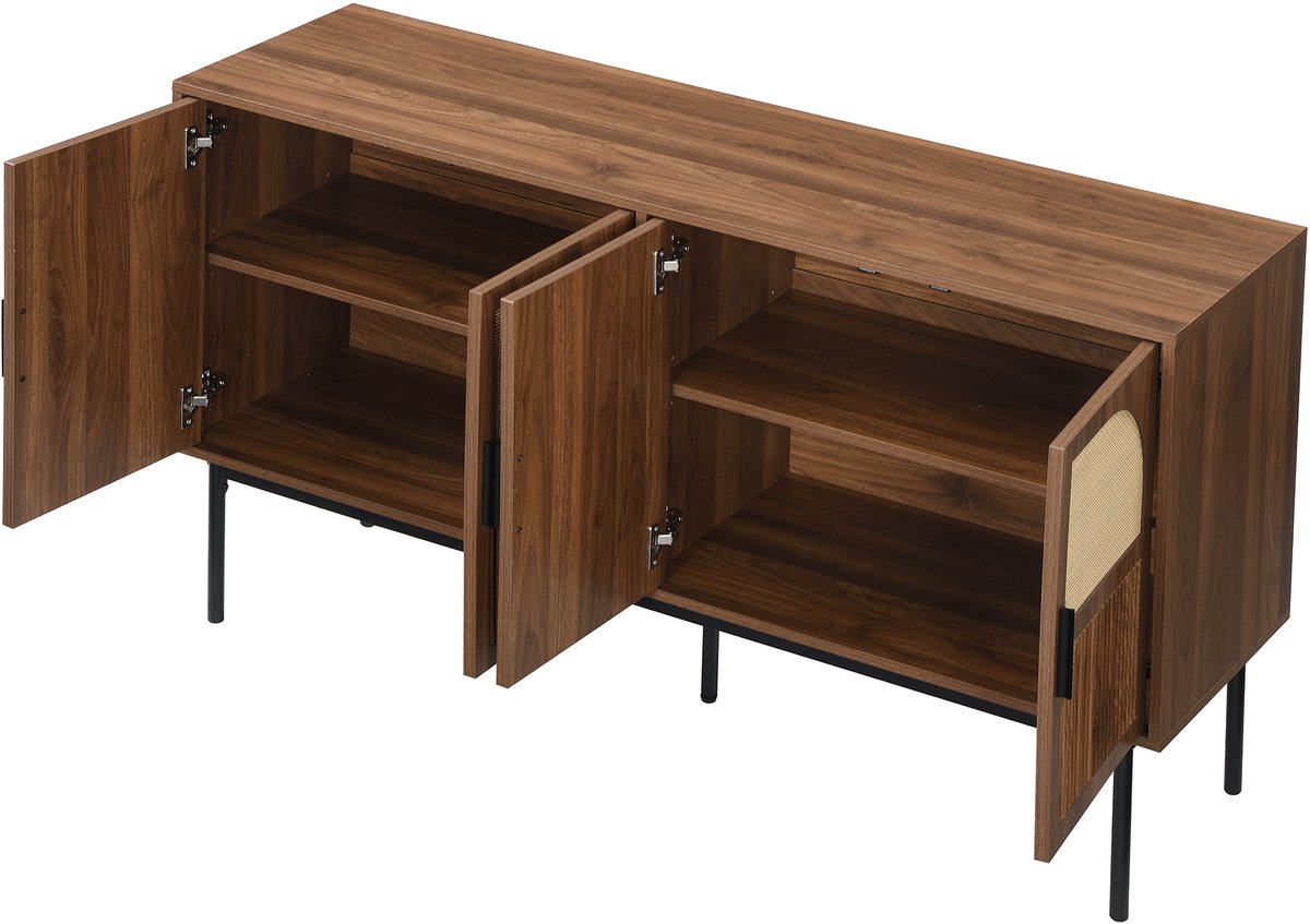 Sideboard 140 cm, Met Rieten Details en Noten Hout Look, 4 Deuren met Dempende Scharnieren, Zwart Metalen Poten, Woonkamer Opbergmeubel