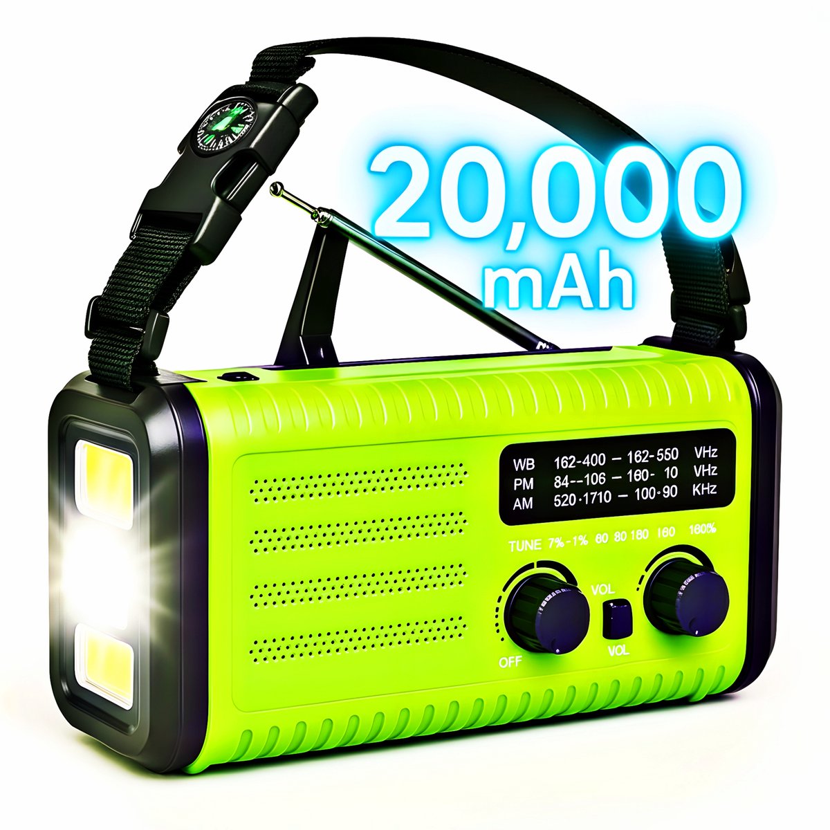 Noodradio - Opwindbare radio - 10.000 mAh - oplaadbare powerbank - Powerbank zonneenergie - Led-zaklamp - USB-oplader voor mobiele telefoon - SOS-alarm - Kompas voor camping en outdoor