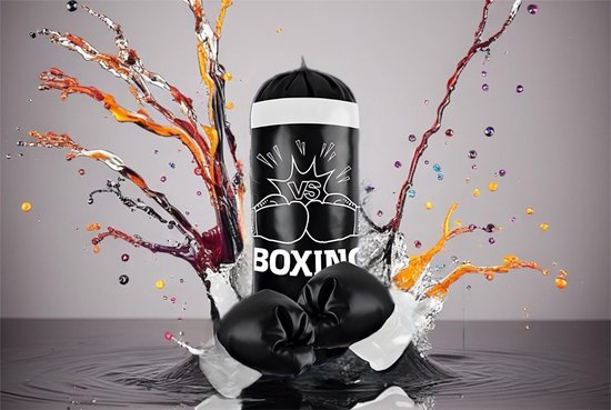 Stoere zwarte bokszak met bokshandschoenen - boxing bag black - boxzak zwart 50x18cm