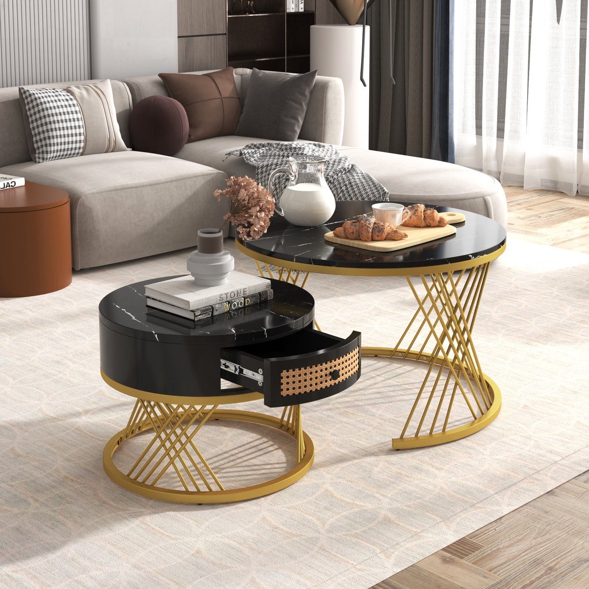 Wishdor Ronde 2-delige salontafel – MDF marmereffect blad, kunststof-rattan lades, houten grepen, zwarte metalen poten
