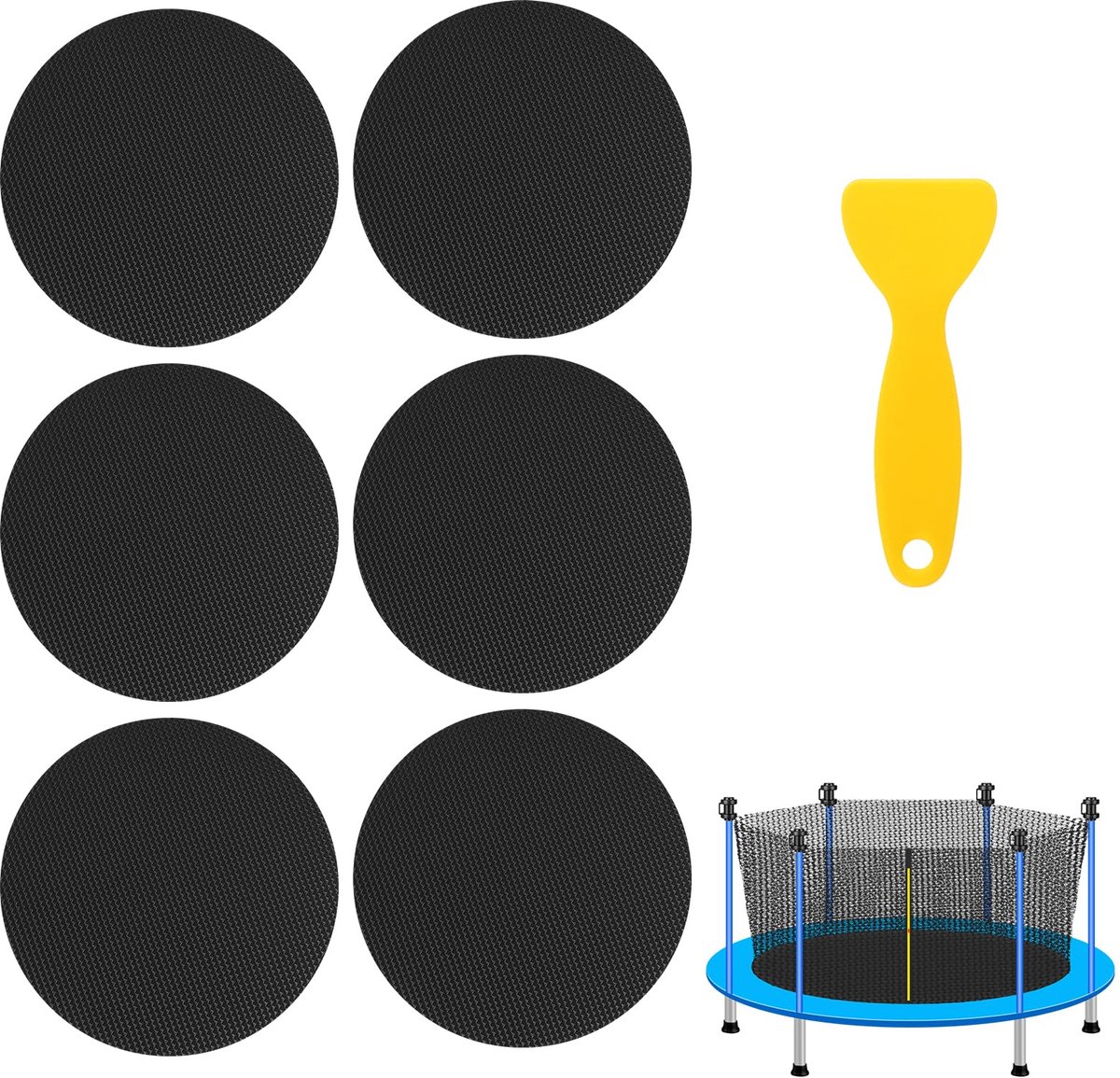 6-delige trampoline reparatieset, 10x10 cm zelfklevende rubberen trampoline-reparatieset met schraper voor gaten en scheuren in matten (rond)