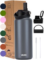 VANN® 3-Wandige RVS Drinkfles 1 Liter met rietje voor volwassenen – Met 5 accessoires – Thermosfles – 12 uur warm/24 uur koud – Grijs – Cadeau voor man en vrouw – VANN ULTIMATE BOTTLE®