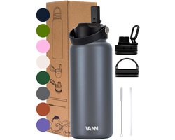VANN® 3-Wandige RVS Drinkfles 1 Liter met rietje voor volwassenen – Met 5 accessoires – Thermosfles – 24 uur koud/12 uur warm – Grey – VANN Ultimate Bottle®