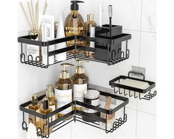 StorageRight Hoekdouche Caddy, 3 stuks zelfklevende badkamer accessoires met zeephouder, opslag roestvrijstalen doucheorganizer plank met haken, geen boren doucheplanken voor badkamer, slaapzaal en