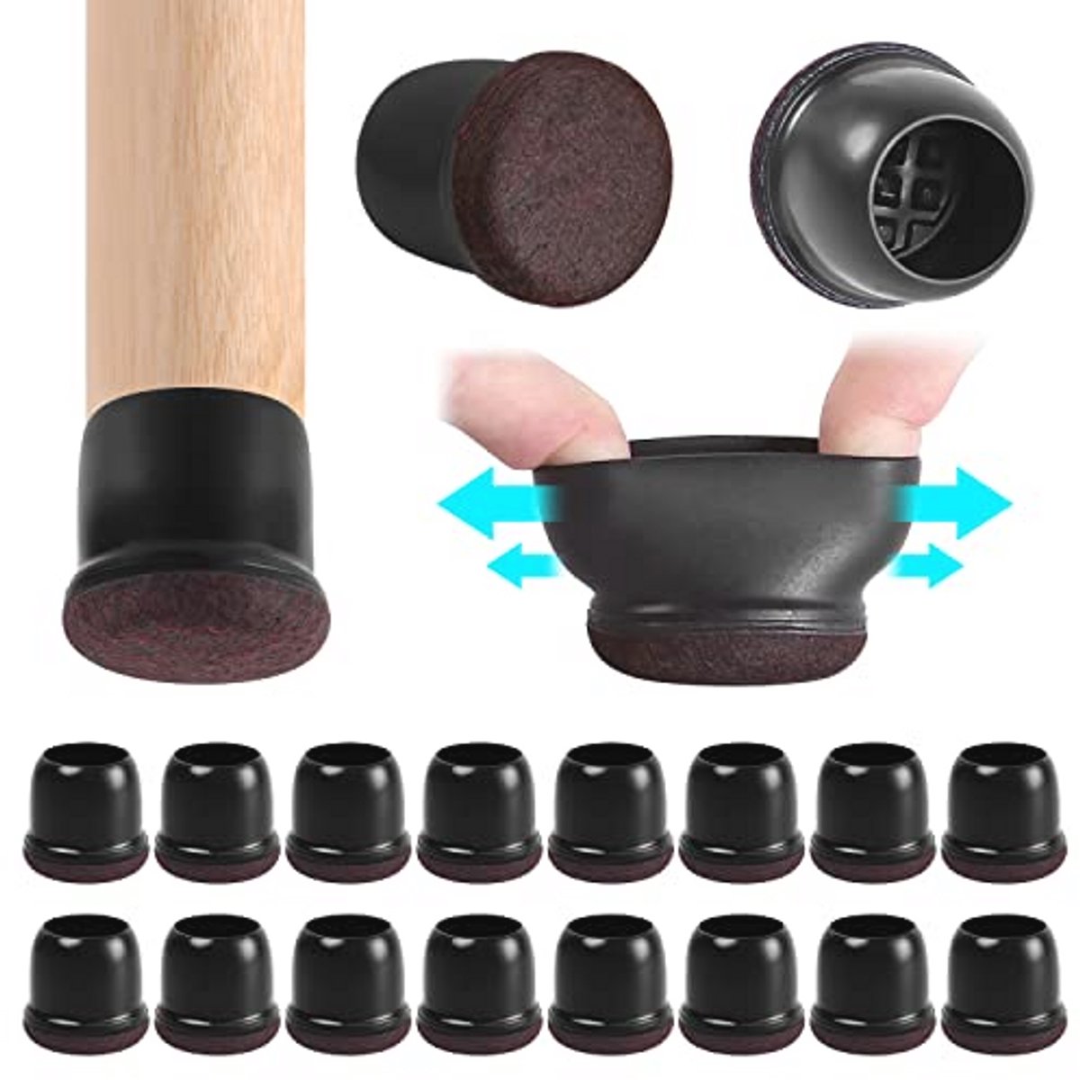 Stoelpootdoppen met Vilt en Rubber voor Houten Vloeren - Rond, Zwart, 25-30 mm - 16 Stuks
