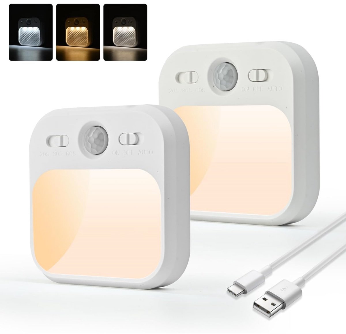 GELLDG Nachtlampjes met bewegingssensor - 2-pack - USB-C oplaadbare LED-nachtlampjes - Verstelbare helderheid - 3 standen (automatisch/uit/aan) - Warm wit licht - Binnenlamp met sensor - Geschikt voor kinderkamers, gangen, trappenhuizen en keukens