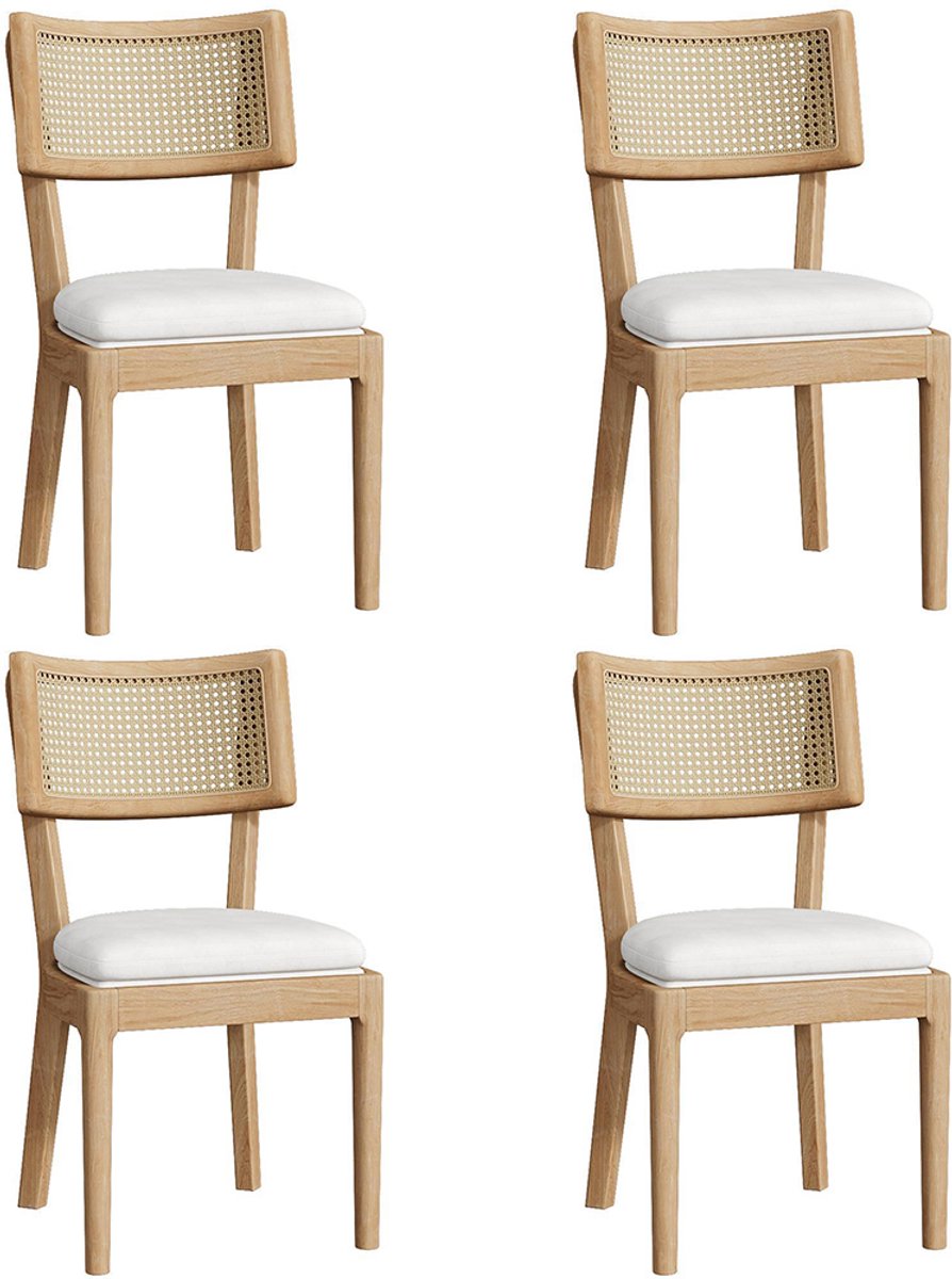Pugsdrly 4 massief houten eetkamerstoelen met rotan rugleuningen, comfortabel en ademend, geschikt voor eetkamers, woonkamers, cafés, moderne stijl, linnenkleurig, houtkleurig