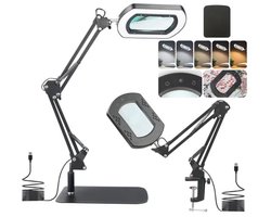 Zhiwei 2-in-1 10x vierkant vergrootglas met licht en standaard, 5 kleurmodi traploos dimbaar, flexibele zwenkarm LED-bureaulamp voor lezen, schilderen, verkennen en sluiten van werk.