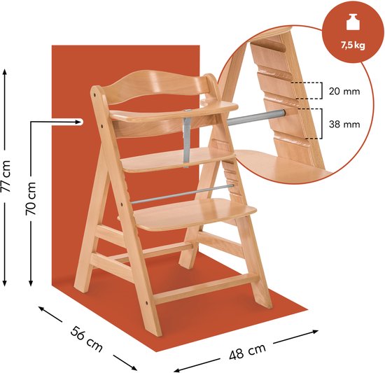 Gedetailleerde afmetingen van de houten kinderstoel: 77 cm hoog, 56 cm breed, 48 cm diep. Gewicht 7,5 kg.
