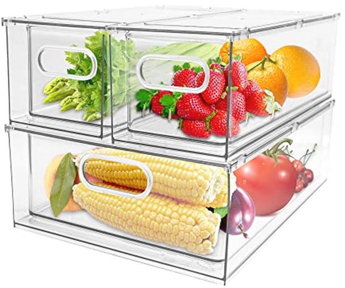 Set van 3 stapelbare transparante opbergdozen met handgrepen voor keuken en eetkamer