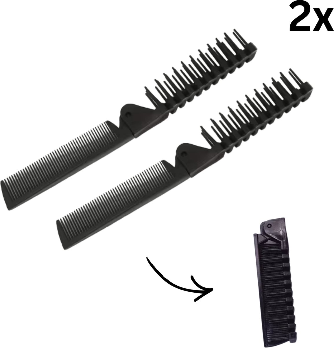 FA-VE 2x Opvouwbare Anti-Klit Kam – Fine & Brede Tanden- Slick Back – Draagbaar, Anti-Static, Ideal voor Krullend & Steil Haar – Reiskam – Zwart