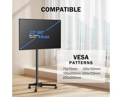 Candala Mobiele tv-wagens, rollende tv-standaard op wielen voor 13-50 inch platte/gebogen tv's in hoogte verstelbaar 30 ° kantelbare vloertv-standaard, draagbare monitorstandaard voor maximaal 45 lbs