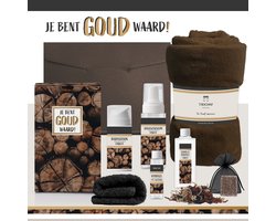 Geschenkset "Je bent goud waard!" - 7 Producten - 1400 Gram - Triomf Cosmetica | Cadeau Man Luxe Cadeaubox voor hem Cadeaupakket Fleece deken Bedankt Cadeau Kerst Verjaardag Vaderdag Vrijwilliger Vriend Collega Vader Trainer Kerstpakket Bruin