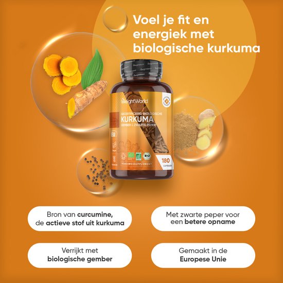 Biologische kurkuma capsules met gember en zwarte peper voor energie. Bron van curcumine, goed voor opname.