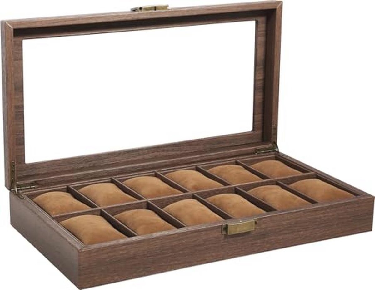 Houten Horlogebox met 12 Compartimenten en Echt Glas