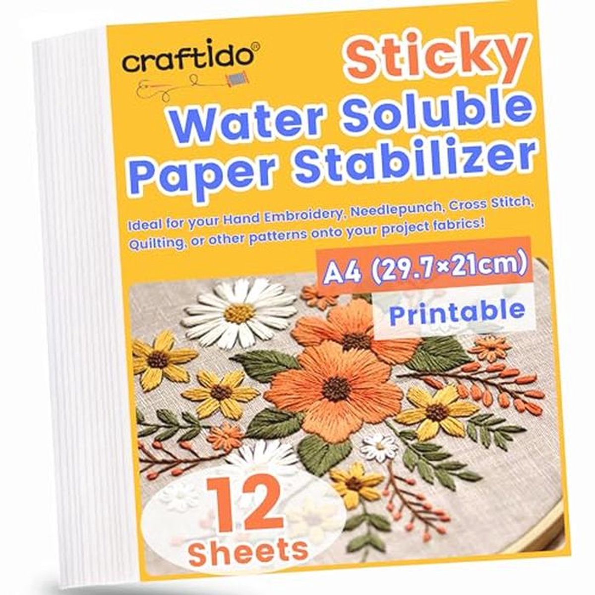 A4 Zelfklevend Wateroplosbaar Papier voor Borduurwerk – 12PCS – Bedrukbare Stabilisator