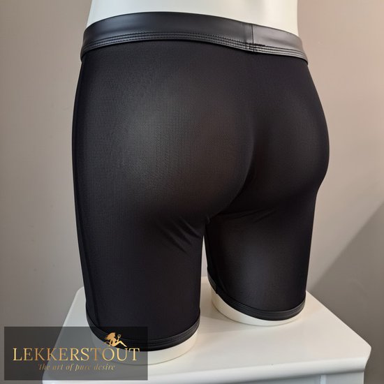 Zwarte mesh boxer met PU leren tailleband en pijpboorden, getoond vanaf de achterkant.