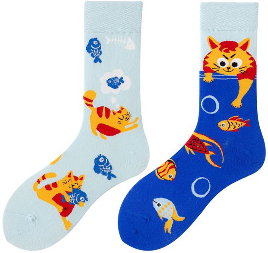 Tutti Footi – Paar verschillende sokken met Kat & Vissen – Maat 36-40 – Dieren/Kattenliefhebbers