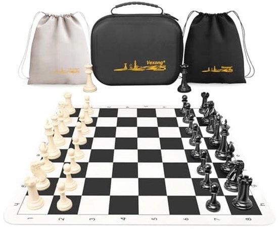 Jeu d'échecs de tournoi avec échiquier en silicone de 51 cm (20 pouces), roi de 9 cm (3,5 pouces) de hauteur, Pièces d'échecs Staunton quadruple lestées avec 2 reines Extra , jeu d'échecs portable professionnel avec sac de rangement.