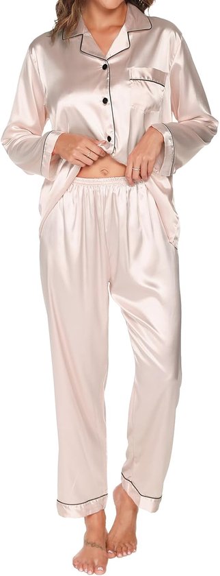 IJszijden pyjama - Tweedelige set - Lange mouwen zijde - Plus size dames homewear - Dames zijden pyjama - Satijnen pyjamaset - Lange mouwen homewear - Elastische taillebroek - gebroken wit-XL
