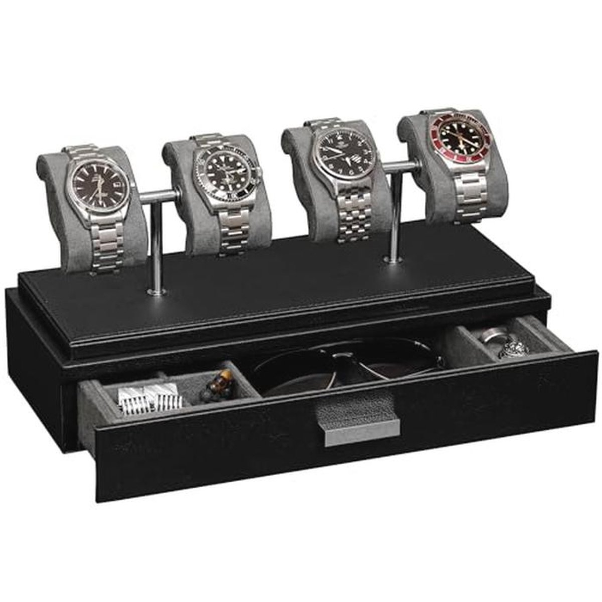 Luxe horlogevitrine voor 4 horloges - Leren horlogebox met acrylhoes en configureerbare accessoirelade (zwart-grijs)