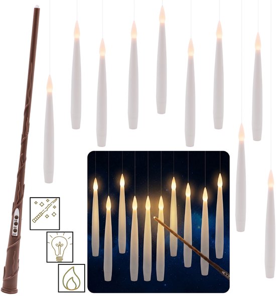 Dix bougies LED blanches suspendues avec une baguette, avec des illustrations de magie et de lumière.