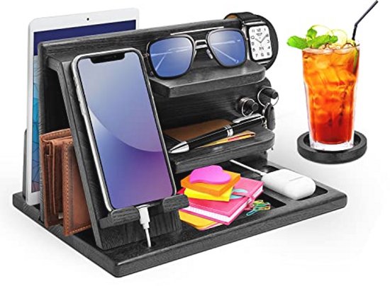 Cadeaus voor mannen, houten telefoon-dockingstation, bureau-organizer, hout, mobiele telefoon en sleutels, organizer, kerstcadeau, man, verjaardag, mobiele telefoonstandaard, nachtkastje, mobiele