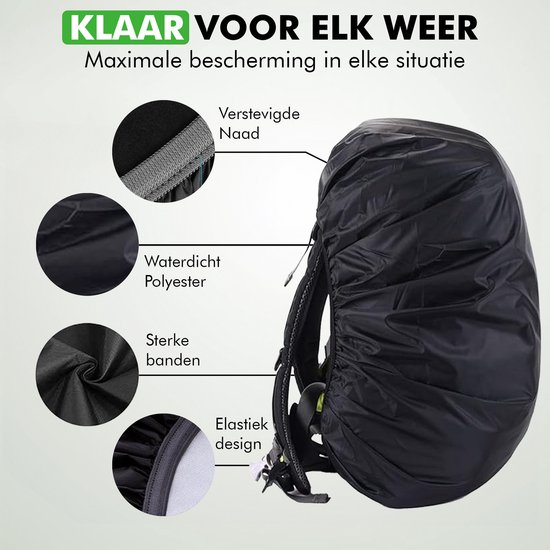 Zwarte rugzakhoes met waterdicht polyester, verstevigde naad, sterke banden en elastisch design.