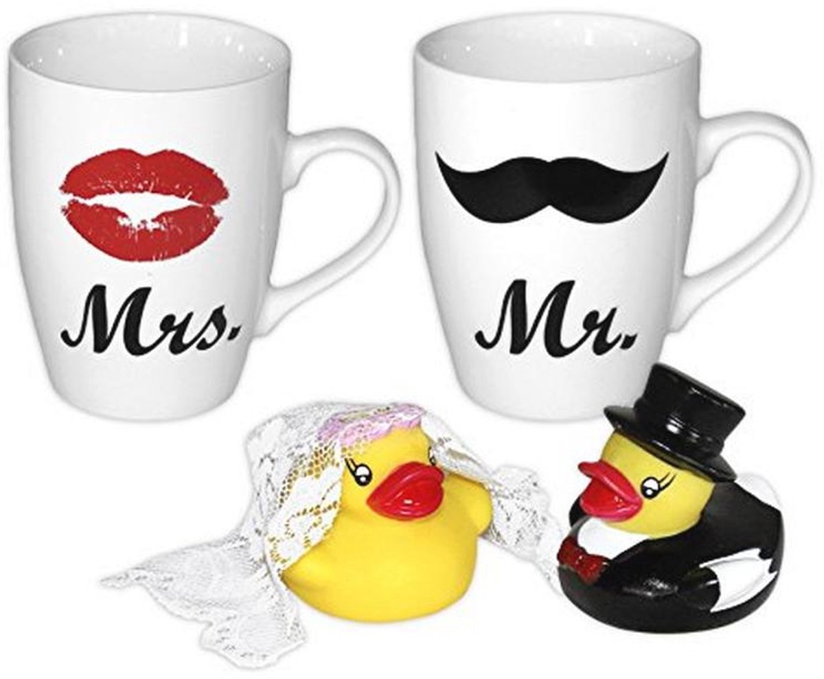 Mr. & Mrs. Mokken set met badeenden - 4-delig geschenk voor bruiloft