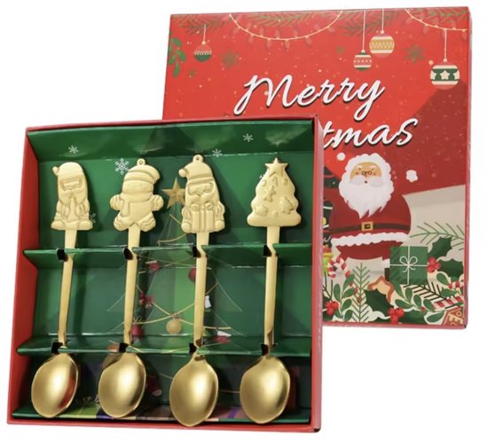 Cuillères à café de Noël - Set de 5 Cuillères à café - Cuillères décorées de motifs de Noël - Couleur dorée