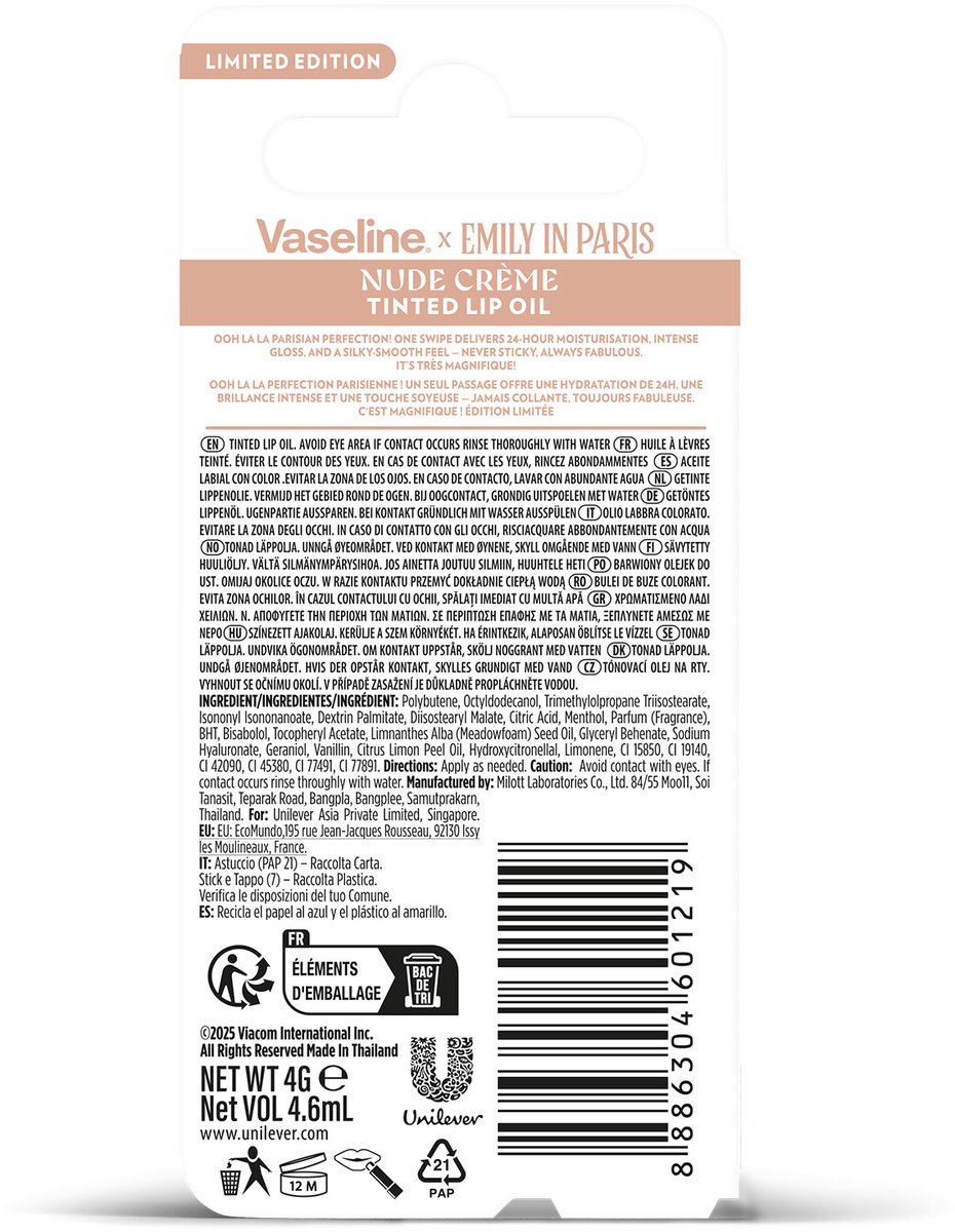 Vaseline x Emily in Paris Lip Oil Nude Crème, getinte lipgloss voor vollere lippen (1x4g) — cadeau in Verzorging - foto 2