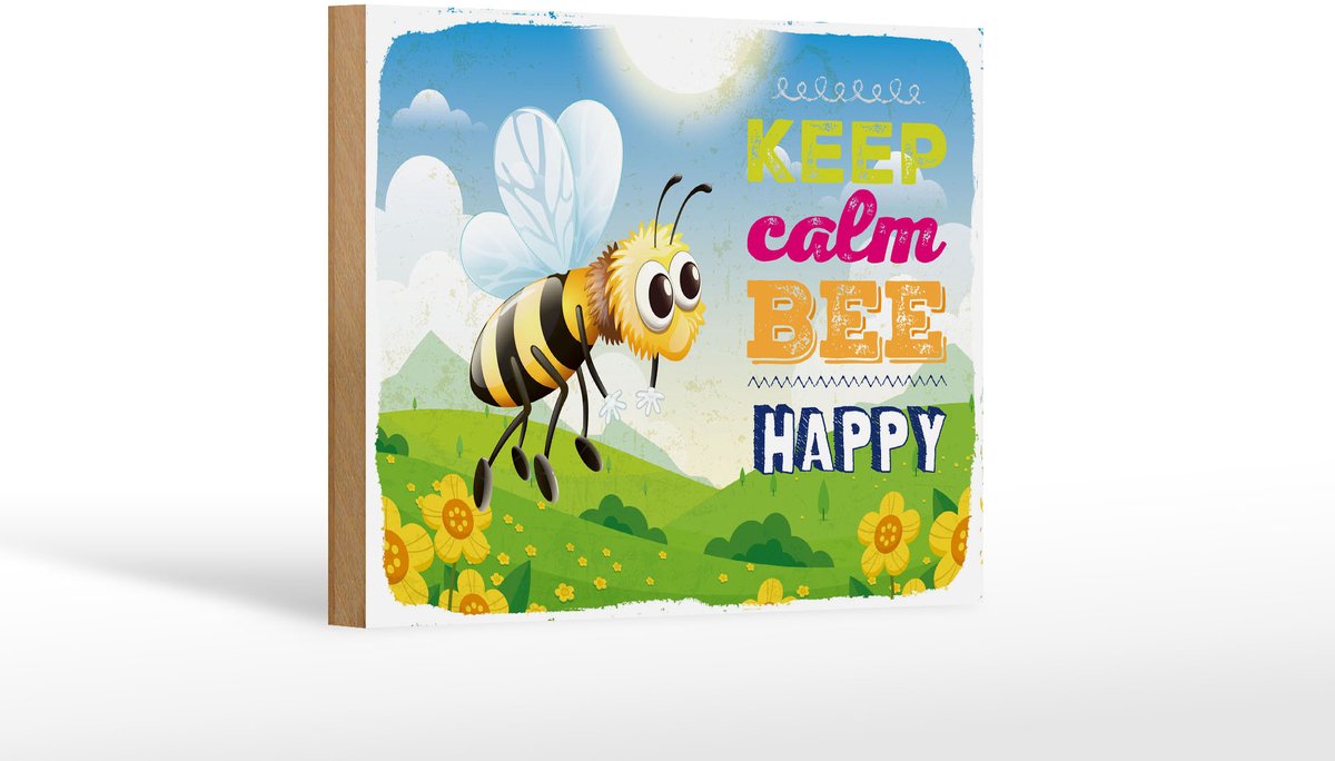 Femer Holzschild Spruch 30x40 cm Keep calm bee happy Biene Wiese Deko Schild Multi-coloured