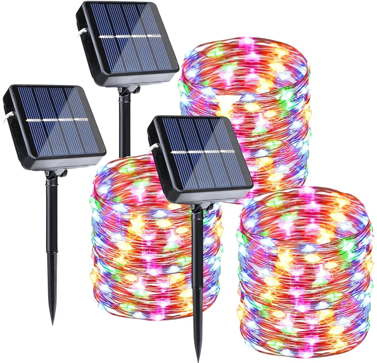 kerstverlichting buiten met zonnepaneel – 3 draadlampjes van 12 meter (36m totaal) – 8 lichtstanden – Tuin- & feestverlichting – Waterdicht IP65
