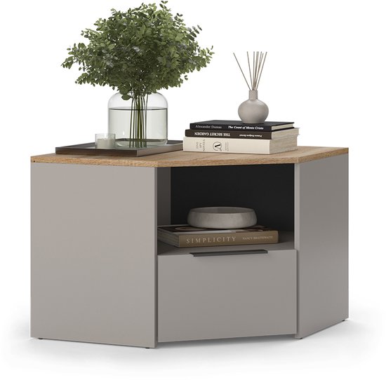 Grijze VICCO Wido hoekkast met houtlook blad, decoratie en open vak met stapel boeken.