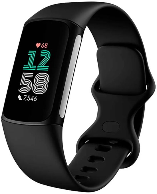 Zwarte Fitbit Charge 6 activity tracker met een zwarte band en een display met tijd, hartslag en stappenteller.