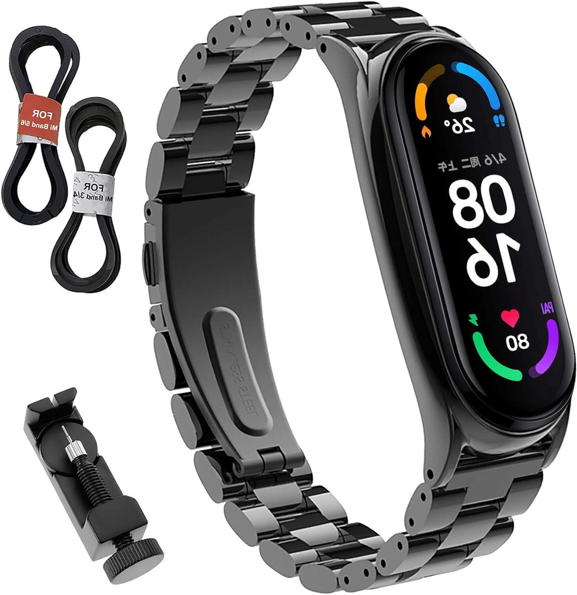 Nordivar - Verstelbare metalen horlogeband voor Xiaomi Mi Band 6-5-4 - Roestvrijstalen armband voor Mi Band - Duurzame horlogeband met metalen schakels