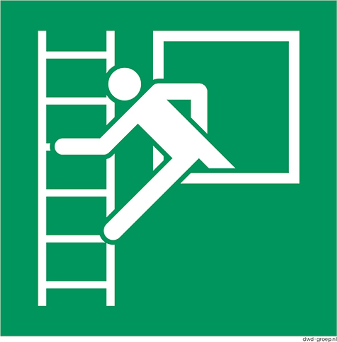 Pictogram nooduitgang via raam met vluchtladder – Pictogram E016 Bord – 200x200 mm – NEN 3011 / ISO 7010