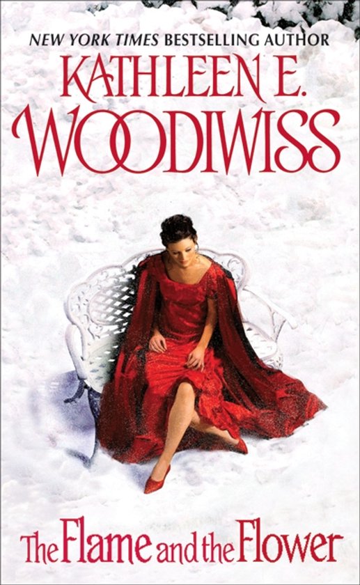 Een vrouw in een rode jurk zit op een witte bank in de sneeuw. Boven de afbeelding staat 'New York Times Bestselling Author KATHLEEN E. WOODIWISS'.