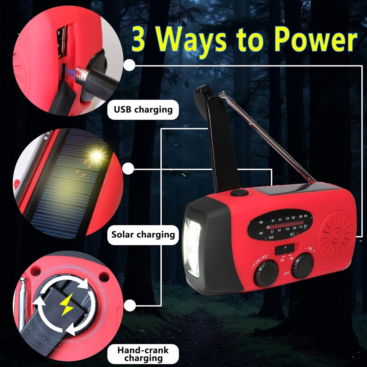 2000mAh Wind-Up Solar Radio – Draagbare Noodradio met Handzwengel, LED Zaklamp & SOS Alarm – Oplaadbare Powerbank – USB Telefoon Oplader – Ideaal voor Camping en Noodsituaties – foto 5
