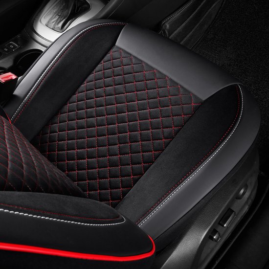 Housses de siège de voiture pour Volkswagen T-Roc 2017 sur mesure| Ensemble de 2 pièces | Siège conducteur + passager série AIS | AIS101 | Zwart avec coutures rouges