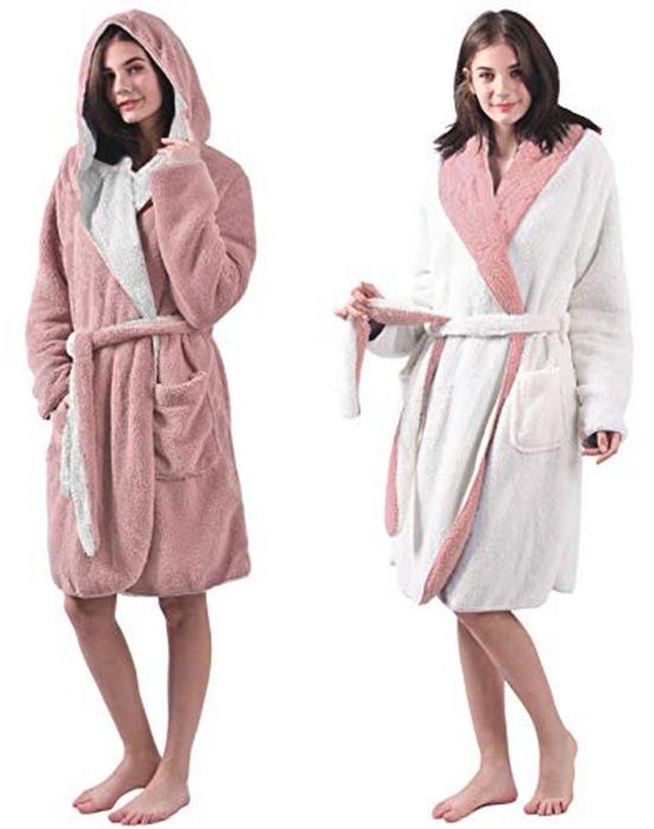 HOMELEVEL Sherpa Omkeerbare badjas met lamsvacht-look voor dames en heren, met capuchon, ochtendjas, huisjas M