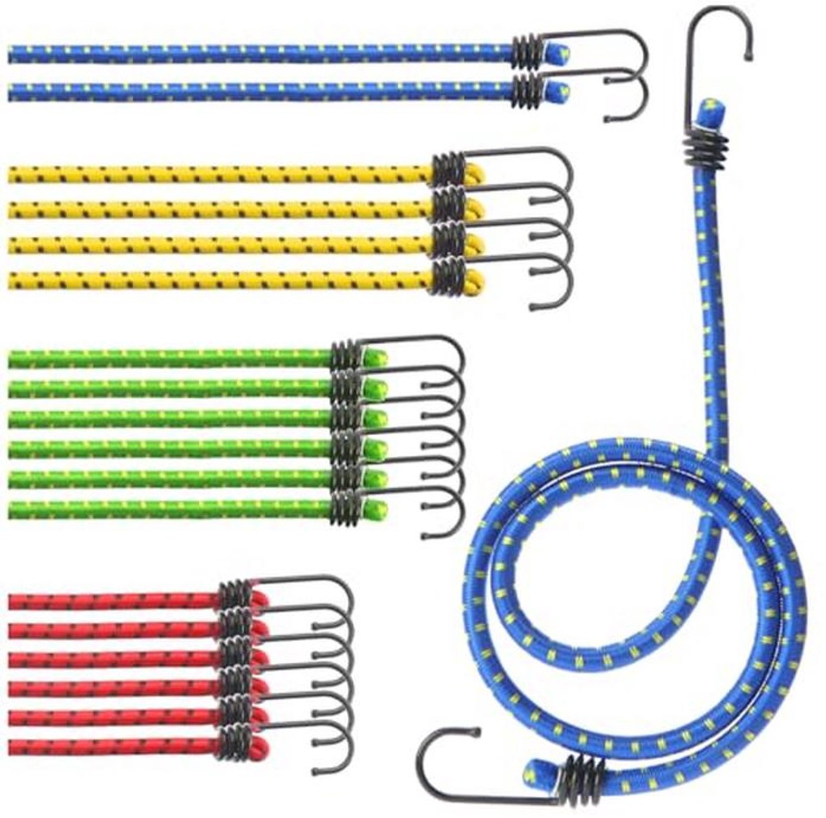 10 Elastische Spanbanden met Haken – Sterke Set voor Bagage, Auto, Fiets en Kamperen – 4 Lengtes, Maximaal Draagvermogen 30 kg