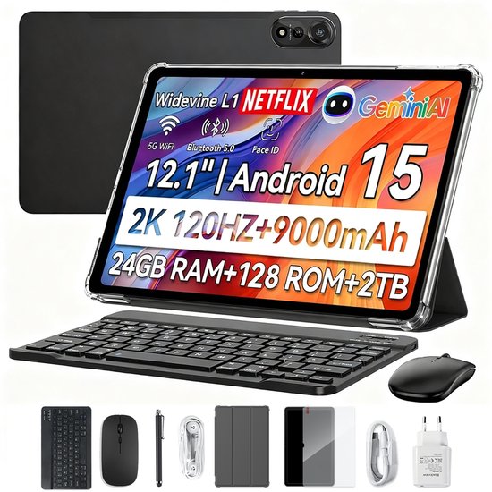 Blackview MEGA 2 Tablet Sets - 4G LTE+WiFi - 12 Inch - 24GB RAM - 128GB - Met Toetsenbord(QWERTY), Beschermhoes, Muis, Stylus - Android 15 - Widevine L1 - 9000mAh - Grijs