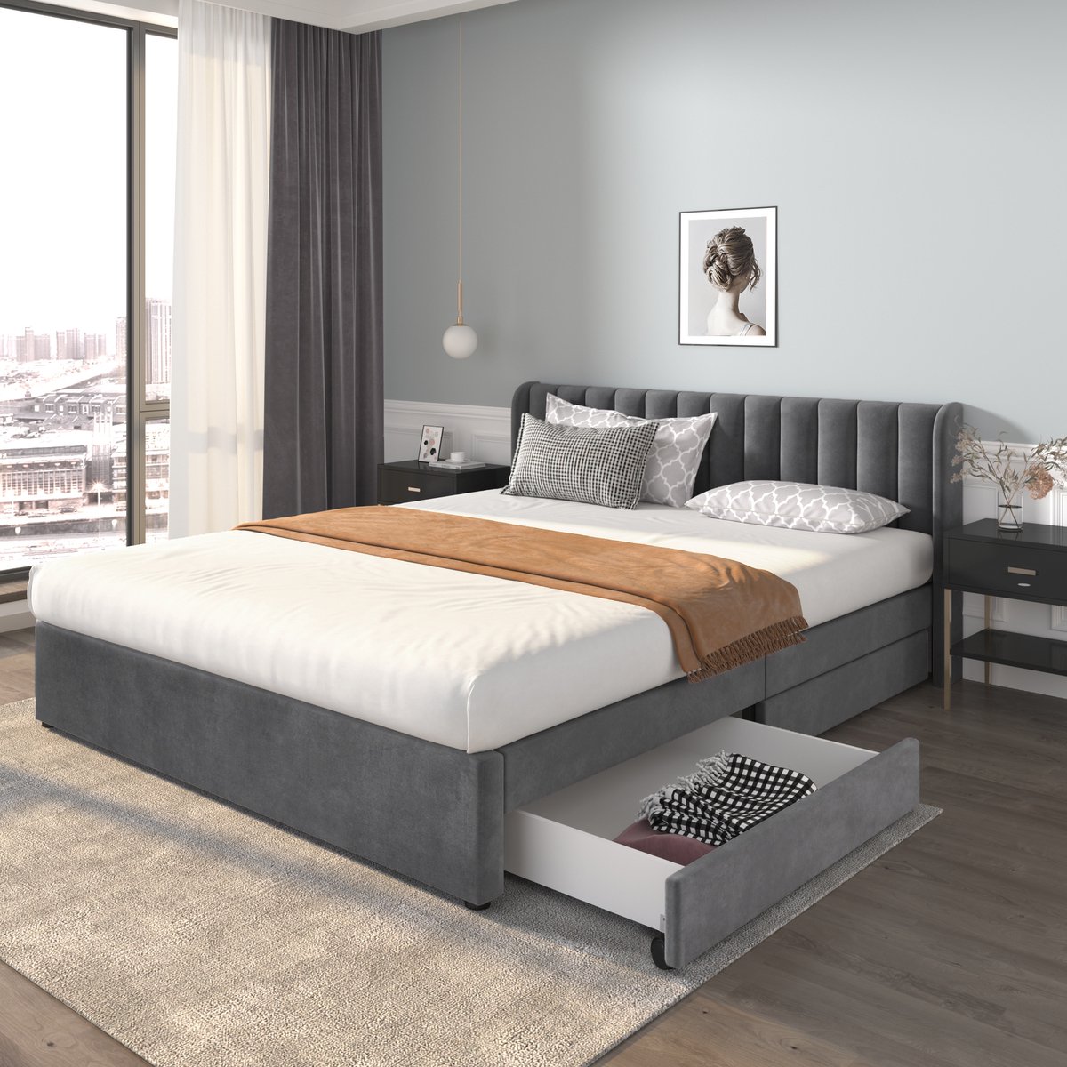 Wishdor Gestoffeerd Bed 180x200 cm - Grijs Fluweel - 2 Lades op Wieltjes - Kingsize Tweepersoonsbed - Hoog Hoofdbord - Lattenbodem