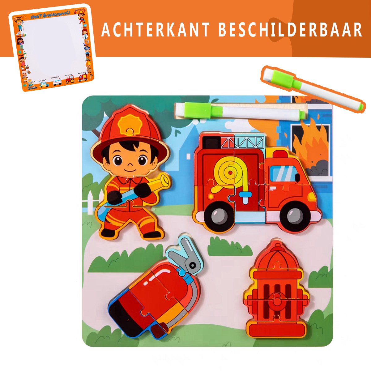 Houten Beroepen Puzzel met Uitwisbare Whiteboardstiften - Achterzijde beschilderbaar- Educatieve Speelset - 3D Puzzel - 18-delige Houten Puzzels - Leer Verschillende Banen - Montessori Leren - Jongens Meisjes - Geschikt voor 2 3 4 5 Jaar-Brandweerman