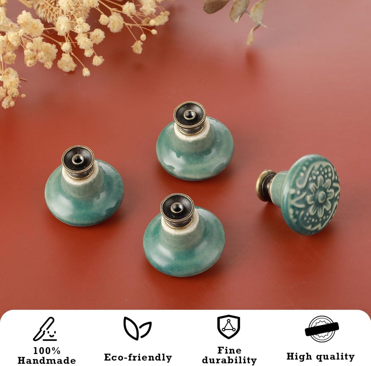 Candala 4 stuks vintage bloem kastknoppen, decoratieve meubelknoppen met bevestigingsschroeven voor kastlades en kastdeuren, diameter 3,56 cm (groen)