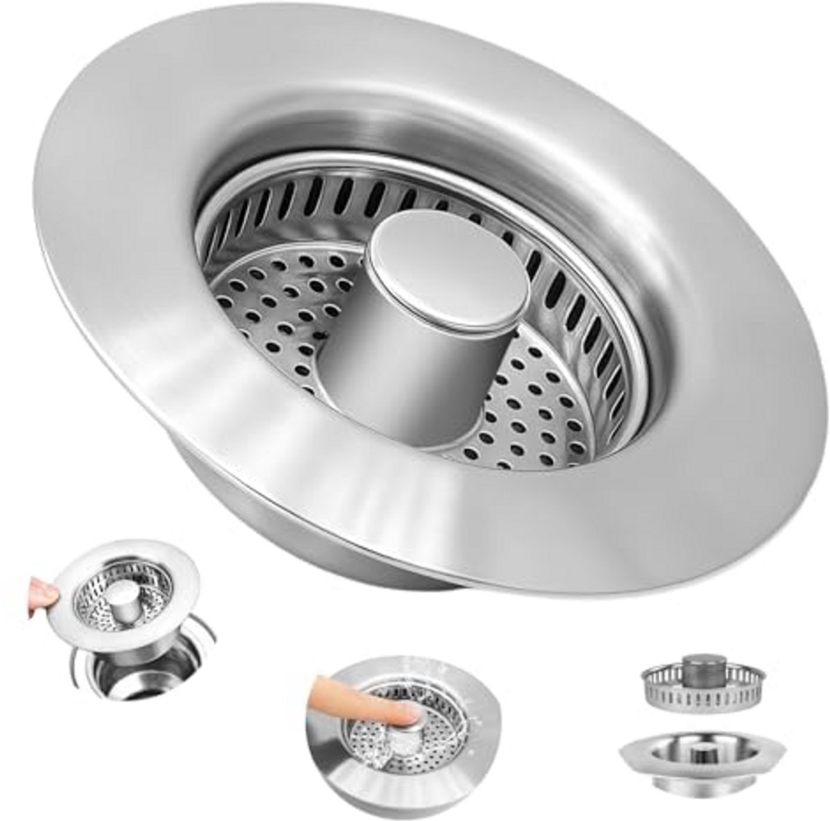 Afvoerzeef met Pop-up Mechanisme voor Keuken - 3-in-1 Roestvrij Stalen Wastafelstop met Filter voor Afvoergaten 75-86 mm