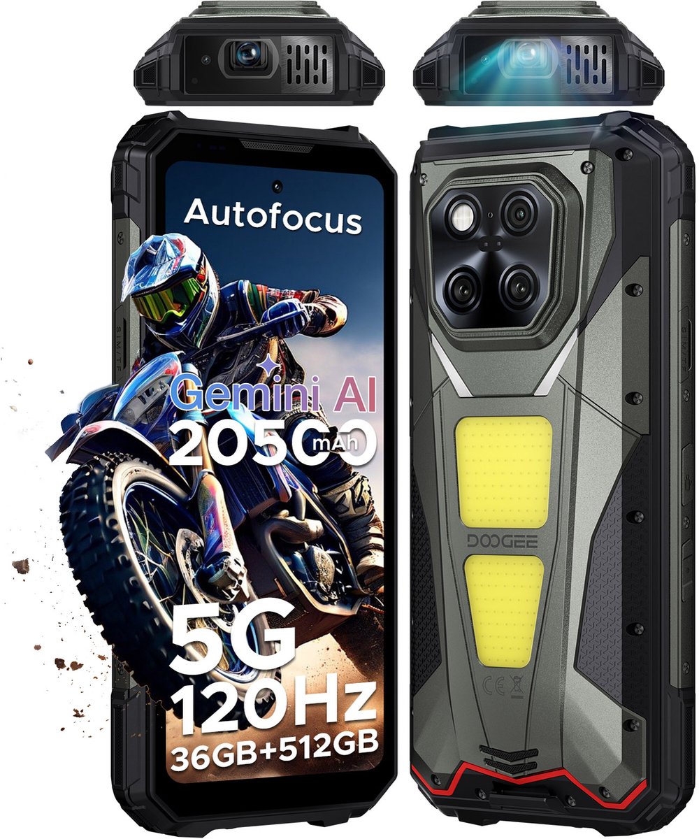 DOOGEE VMAX Play 5G - Robuuste Smartphone - Robuuste Telefoon - 36GB RAM+512GB ROM - 100 LM projector - 1200 Lumen Campinglamp - 20500mAh/45W - 6,78 inch FHD+ 120Hz - 200MP AI Camera - 20MP Nachtzicht - Android 15 - IP68 NFC - GPS - Zwart