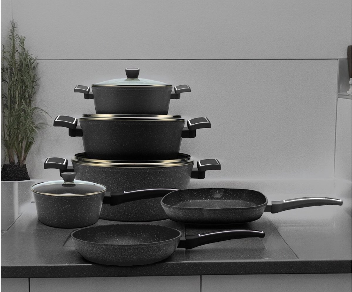 10-delige Pannenset Gesmeed Aluminium – Zwart Marmer Coating – Inclusief Koekenpannen, Grillpan en Kookpannen met Deksel