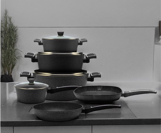 10-delige Pannenset Gesmeed Aluminium – Zwart Marmer Coating – Inclusief Koekenpannen, Grillpan en Kookpannen met Deksel